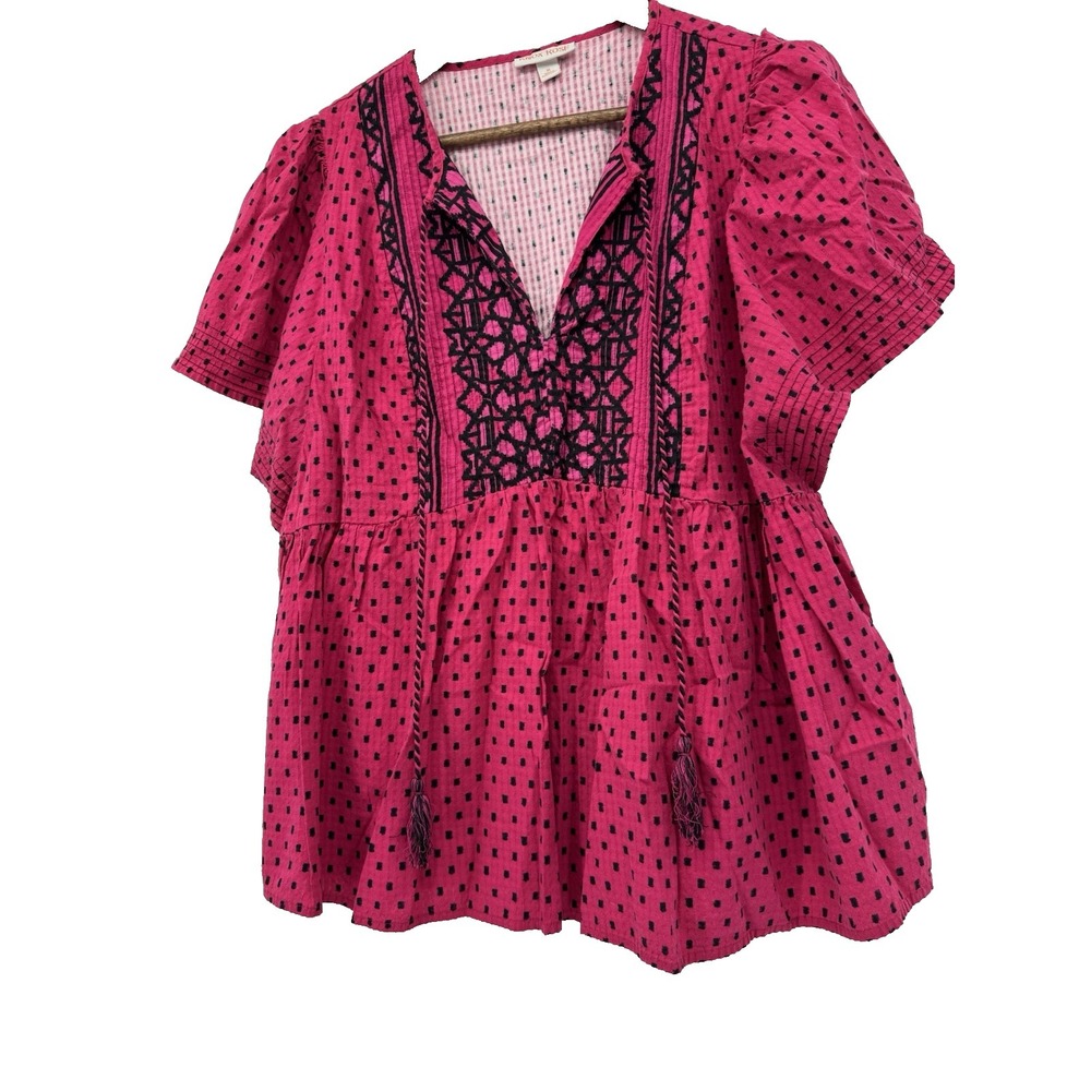 Knox Rose XL Pink with Black Embroiderd Tassel Tie‎ Ruffle Cotton Boho Cottage